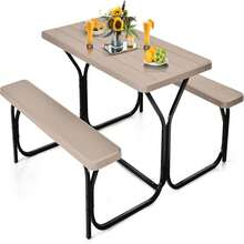 All Weather Faux Wood Patio Picnic Table Set With Benches, Plastic Picnic Table For Outdoors, Cafeteria And Commercial Use, Brown - Multicolor - View 1
