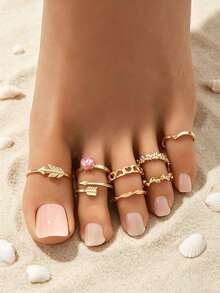 Set de 7 anillos para los dedos de los pies con diseño de corazón, hoja y flor con strass, adecuado para playa, viajes y vacaciones - Dorado - Ver 7