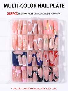 Random 24pcs Rectangular French Acrylic False Nails Set, Easy To Wear French Manicure, Suitable For Women And Girls Daily Use And Party - Multicolor - View 3