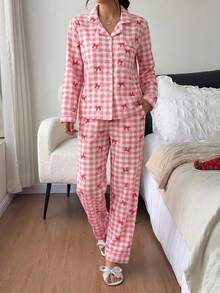 2pcs/Set American Plaid Bow Print Autumn/Winter Pajama Set, Lapel Button Long Sleeve Top And Pants, Women's Sleepwear Loungewear Set - Red - View 5