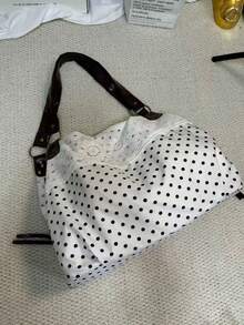 韓式波點帆布托特包女款，大容量可折疊學生包，適合大學校園、通勤與外出，附百褶裙繫帶與雲朵設計單肩包 - 白色 - 查看 4