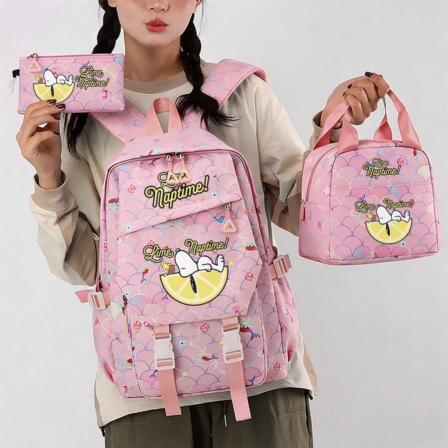 Miniso 粉色美人魚鱗片 Snoopy 檸檬色午睡印花 3 件組背包套裝,輕量多隔層可調節寬肩帶學生書包,手提迷你包 - 粉色 - 查看 1