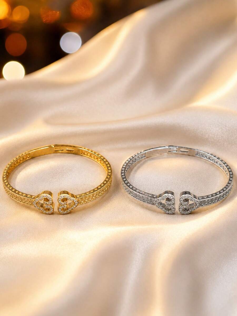 1pc Women's Fashion Hollow Heart Open Cuff Bracelet, Exquisite Zirconia Inlaid Textured Bracelet, Versatile Daily Commute High-End Accessory - Bracelet - View 1