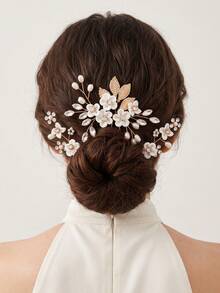 3pcs French Fairy White Flower Pearl Rhinestone U-Shaped Hair Pins, Bridal Wedding Updo Hair Accessories, Handmade Woven Alloy Hair Ornament Set - Gold - View 11