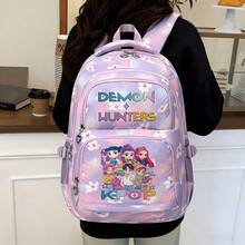 Miniso Colorful Letter Full Group Cartoon Figure Print Gradient Purple Pink Cherry Blossom Chevron Quilt Large Capacity Student Backpack Multi Compartment Sc - Purple - View 4