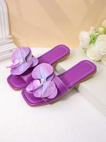 1 Pair Girls Purple Floral Sandals, Anti-Slip Wear-Resistant Square Toe Flat Bottom Sweet Style, Spring/Summer - Purple - View 5