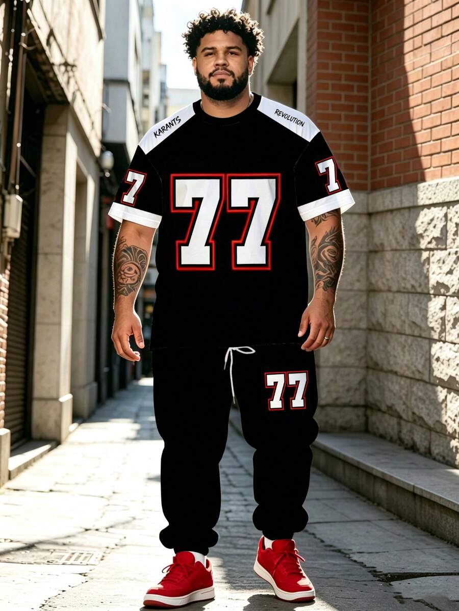 Men's Street Casual Minimalist Series "No.77 Patchwork" Pattern Sports Set - Polyester Knit Fabric, Crew Neck Design, Drawstring Hem Pants, Pocket Details, Regular Fit, Suitable For Plus Size - Black - View 1