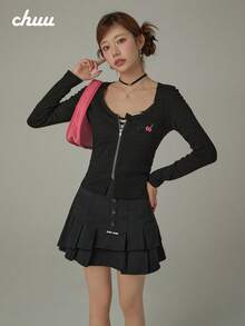 CHUU Letter Cherry Embroidery Long Sleeve T-Shirt Women Autumn Ruched Zipper Cardigan Short Top - Black - View 3
