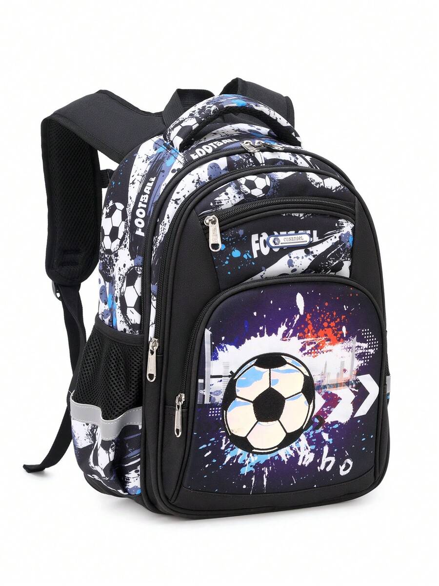 2047 Black Soccer Elementary School Backpack Personalized Children's Backpack - Black Football - View 1
