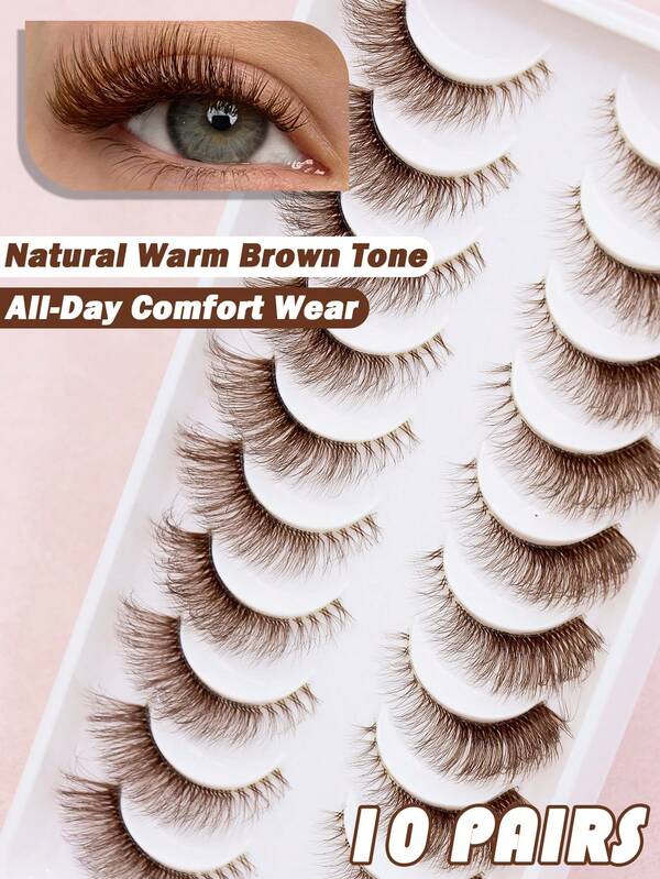 10 Pairs Warm Brown Wispy Strip False Eyelashes Ultra Thin Clear Invisible Band Soft Lightweight Comfortable Fluffy Daily Makeup Fake Eye Lashes