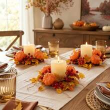 Fall Wreath Candle Rings Artificial Maple Leaf Pumpkin Candle Garland - Orange - View 3