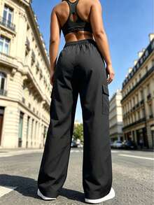 Women's Spring/Autumn Solid Color Multi-Pocket Cargo Pants, Straight Leg Zipper Outdoor Sports Long Pants - Black - View 2