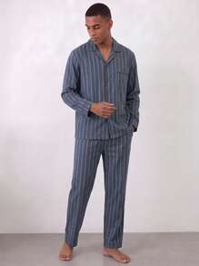 Snug League [PONX]2pcs Men's Pajama Set, Long Sleeve Top & Pants, Breathable & Moisture-Wicking, Spring/Autumn, Fall Winter Clothes - Blue - View 1