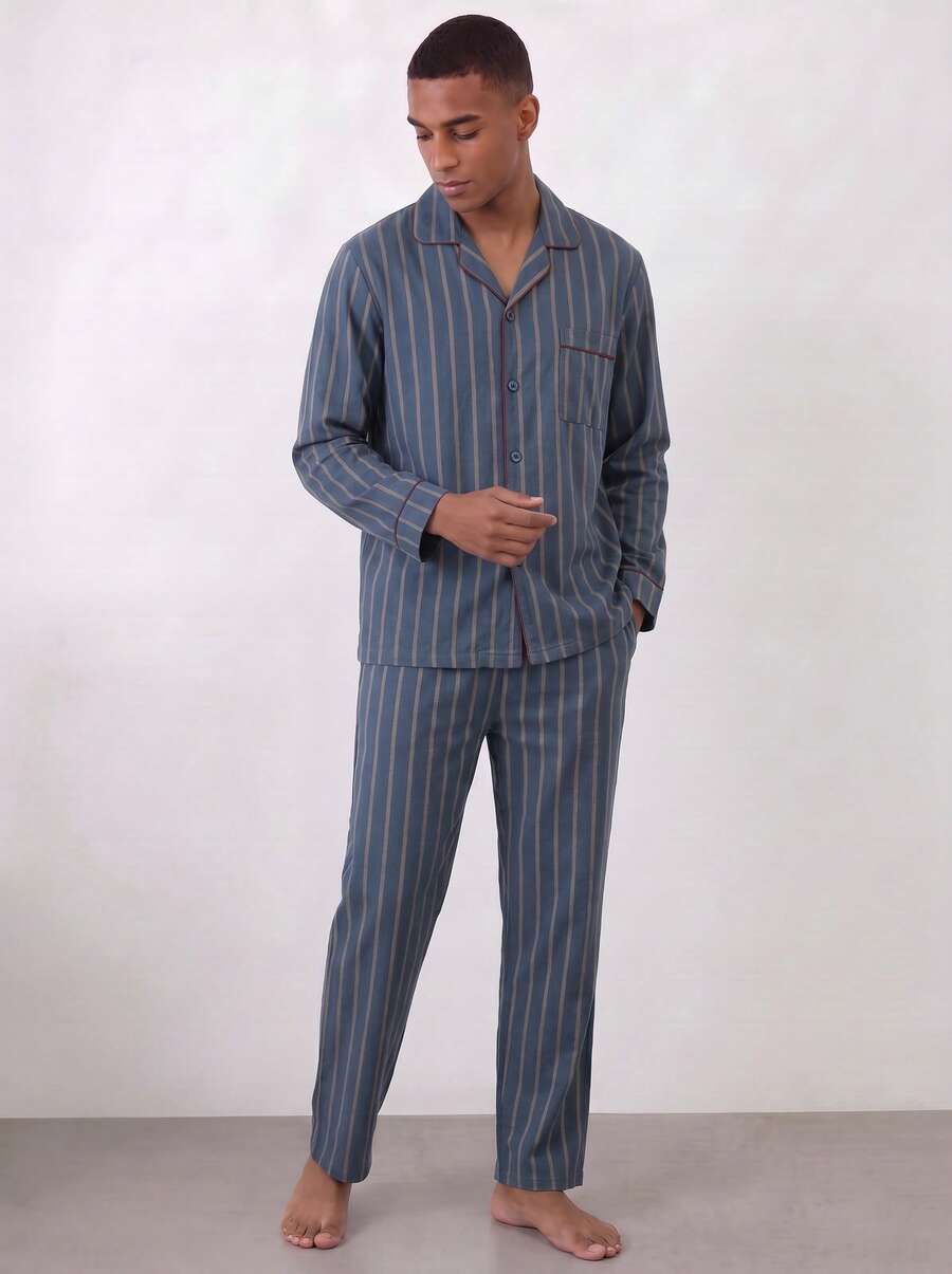 Snug League [PONX]2pcs Men's Pajama Set, Long Sleeve Top & Pants, Breathable & Moisture-Wicking, Spring/Autumn, Fall Winter Clothes - Blue - View 1