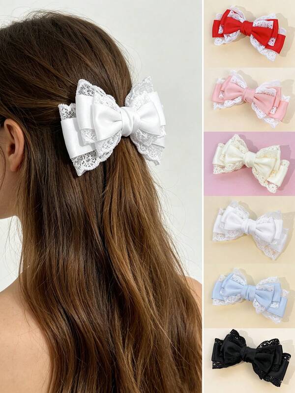 1pc Women's Double Layer Satin Contrast Lace Bow Hair Clip, Hollow Lace Edging With Fine Locked Hem, Gentle Lolita Style Versatile Solid Color Hair Accessory, Suitable For Daily Commute, Holiday Party, Birthday Party, Shopping, Travel, Photo Commemoration, Any Occasion, Gift For Best Friend