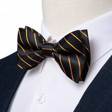 Black Gold Striped Bow Tie Matching Hanky Cufflinks Formal Banquet Suit Complete Kit - Gold - View 4