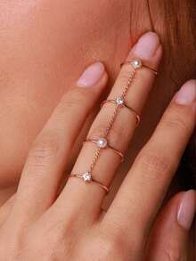 outingfit 1pc Multi-Layer Rhinestone & Pearl Gold-Plated Ring, Elegant Daily Date Jewelry Bracelet - Multi-story - View 1
