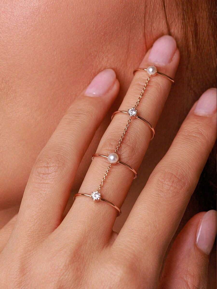 outingfit 1pc Multi-Layer Rhinestone & Pearl Gold-Plated Ring, Elegant Daily Date Jewelry Bracelet - Multi-story - View 1