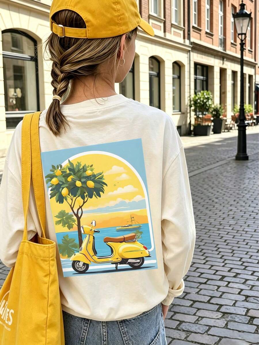 Tween Girl 1pc Printed Long Sleeve T-Shirt, Suitable For Girls' Autumn/Winter Top, Young Student Children's Wear, Suitable For Outerwear And Layering - Apricot - View 1