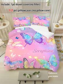 2/3pcs Set Perlengkapan Tidur Anak Motif Kupu-kupu Pelangi dengan Nama yang Dapat Disesuaikan, Selimut Poliester Warna Makaron yang Menawan dengan Sarung Bantal, Dapat Dicuci dengan Mesin, Tahan Lama dan Nyaman, Hadiah Personalisasi untuk Kamar Tidur Anak Perempuan, Cocok untuk Semua Musim - MultiWarna - View 1
