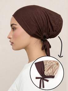 1 pieza Sombrero de mujer de unicolor con cordón, pañuelo elástico con forro interior - café - Ver 3