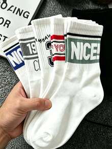 1/5 Pairs Unisex Letter & Number Pattern Mid-Calf Socks, Fashionable Breathable Comfortable Sports Socks, Moisture-Wicking, Suitable For Daily Wear, Sports, All Seasons - Multicolor - View 1