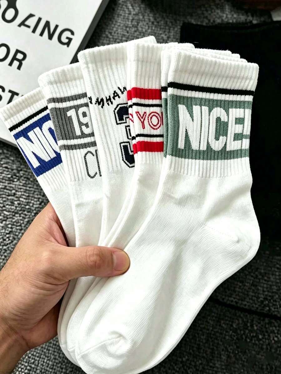 1/5 Pairs Unisex Letter & Number Pattern Mid-Calf Socks, Fashionable Breathable Comfortable Sports Socks, Moisture-Wicking, Suitable For Daily Wear, Sports, All Seasons - Multicolor - View 1