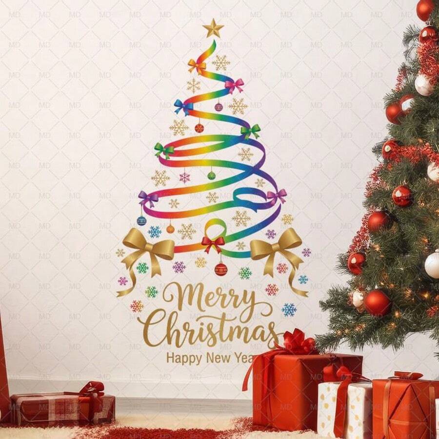 1pc Rainbow Ribbon Christmas Tree Shape Wall Sticker With Ornaments Holiday Text Swirling Bows Snowflakes Hanging Baubles Gold Greeting Lettering For Living Room Self-Adhesive Matte Finish Easy Peel & Stick Removable Fun Style Festive Design