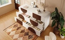 Sideboard With 6 Drawers, Elegant Curved Design White And Walnut Wood - Putih - View 10