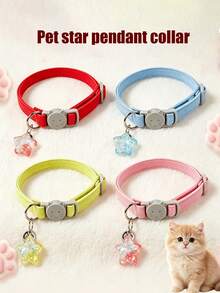 1 Macaron Color Corduroy Collar With Star Pendant And Bell, Adjustable Size, With Breakaway Safety Buckle Cat Collar, Dog Collar, Suitable For Kittens Puppies, Daily Decorative Pet Accessory - Multicolor - View 2