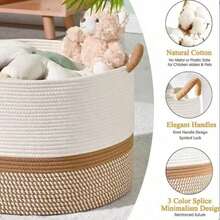 Bohemian Style Dual-Color Cotton Rope Storage Basket With Tassels And Rope Handles, Soft Woven Decorative Laundry Basket, Large Capacity Storage Basket For Blankets, Toys, Clothes, Plants, Housewarming Gift, Baby Shower Gift - Brown - View 7
