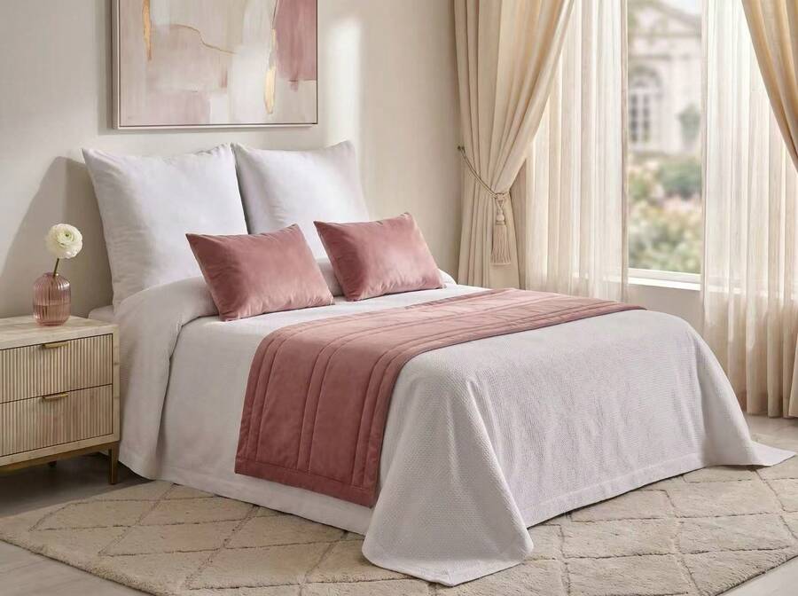 Juego de camino de cama 3 piezas de terciopelo con 2 cojines con relleno incluido, decoración elegante para dormitorio - Rosa coral - Ver 1