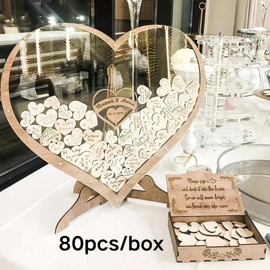 Romantic Wooden & Acrylic Heart Guestbook Box – 60 Or 80 Mix-And-Match Hearts For Weddings, Housewarmings, And Celebrations | Handcrafted Design, No Power Required | Elegant Message Display With Natural Wood Grain & Clear Acrylic Accents | Compact, L - 80pcs/box - View 1
