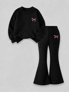 Girls' Simple Fashion Cartoon Print Black Top And Black Pants Sports Set, Autumn/Winter - Black - View 1