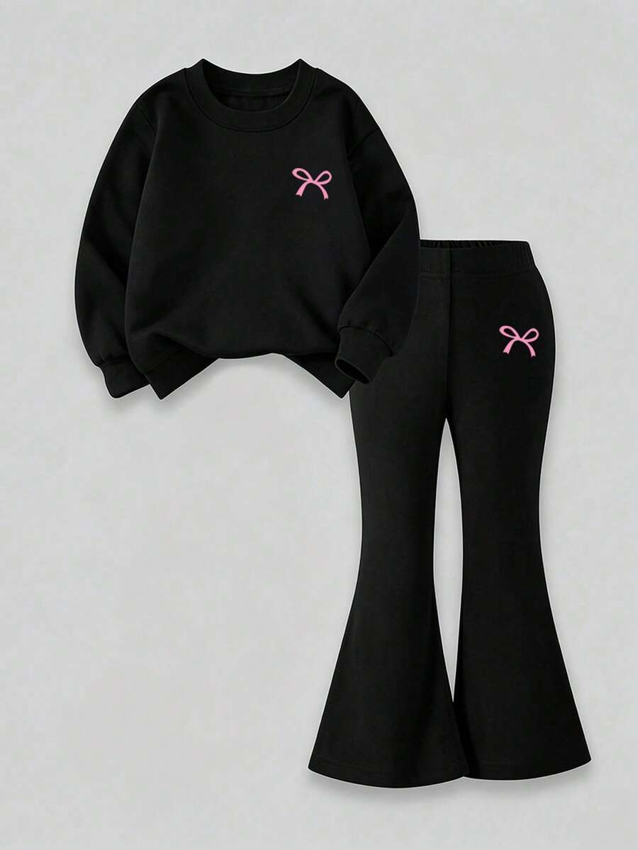 Girls' Simple Fashion Cartoon Print Black Top And Black Pants Sports Set, Autumn/Winter - Black - View 1