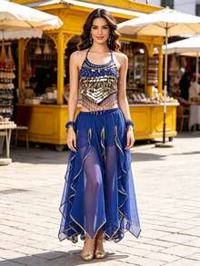 Bohemian Belly Dance Coin Sequin Halter Top, Side Slit Flowy Chiffon Wide Leg Pants For Market, Festival Carnival, Travel Photoshoot And Themed Event - Multicolor - View 1