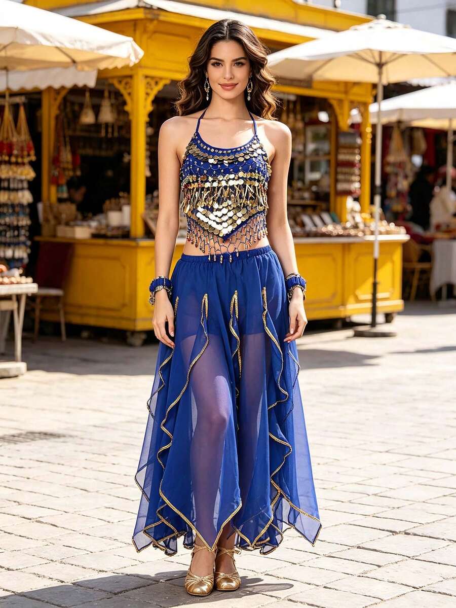 Bohemian Belly Dance Coin Sequin Halter Top, Side Slit Flowy Chiffon Wide Leg Pants For Market, Festival Carnival, Travel Photoshoot And Themed Event - Multicolor - View 1