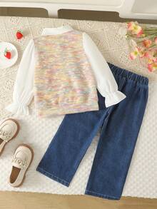 2pcs/Set Toddler Girls Fashion Cute Design 2 In 1 Patchwork Shirt Collar Long Sleeve Sweatshirt Top And Strawberry Print Blue Denim Straight Leg Pants Outfit - Pink - View 10