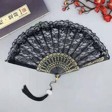 Black Lace Umbrella + Lace Fan With Hanging Pendant, For Festivals. Gothic Style Halloween Accessories In Black, Perfect For Bridal Parties. - Multicolor - View 12