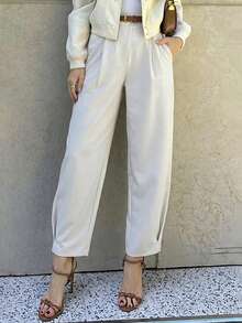 Pantalon long décontracté pour femmes LIly House, pantalon court taille haute plissé fuselé beige, élégant décontracté pour l'été, le bureau, les déplacements et les sorties en plein air - Couleur abricot pâle - Voir 10