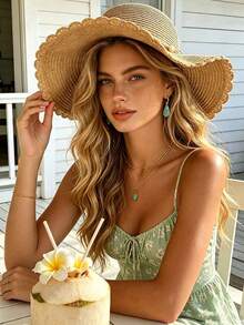 1pc Women's Woven Straw Hat, Wavy Ruffle Wide Brim Soft Hat, Pearl Decor Side Bow, Lightweight Foldable UV Protection Breathable - A - View 2