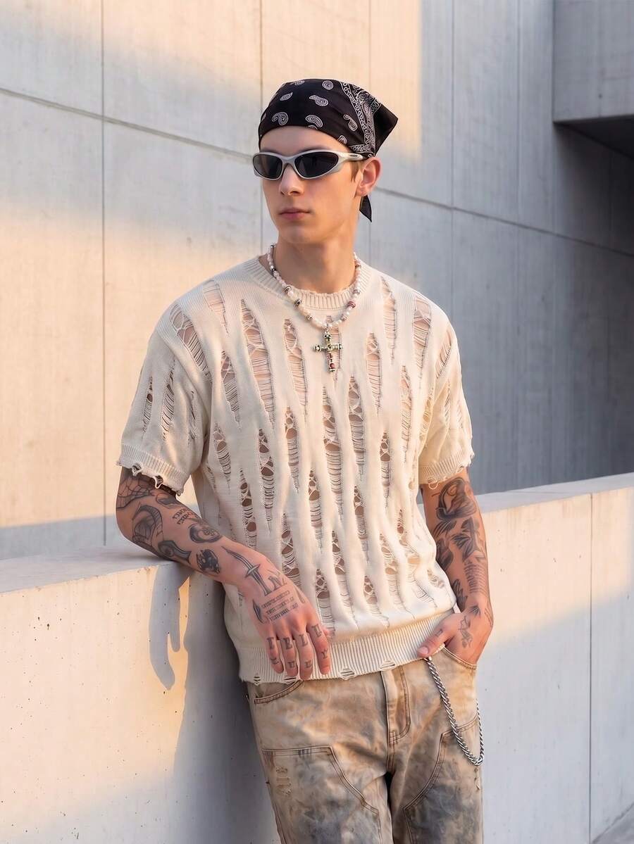 Men's Crew Neck Short Sleeve Knit Loose Fit Casual Vacation Style Solid Color Knit Top Spring Summer - Apricot - View 1