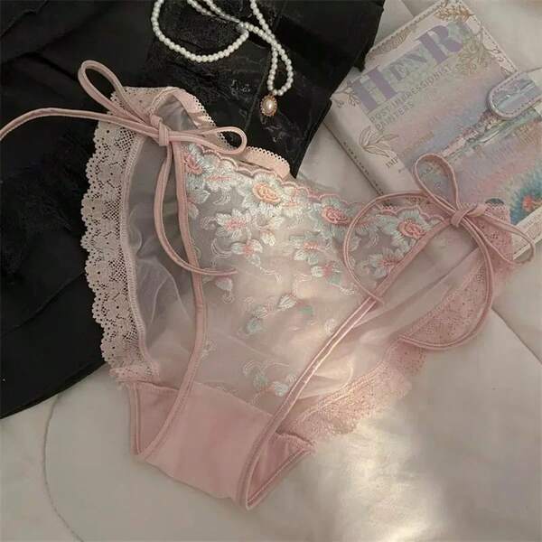 asmodee French Sexy High-Class Embroidered Low-Rise Lace Tie-Up Women's Underwear, Detachable