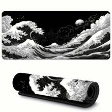 1 Stück extra großes japanisches schwarzes Wellen-Gaming-Mauspad, ergonomisches Design, rutschfeste Gummibasis, japanisches Landschaftsmuster, geeignet für PC und Tablet, langanhaltend glatte Oberfläche, großes Mauspad Schreibtischmatte - A - Übersicht 2