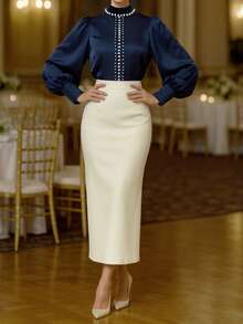 Setelan 2 Potong Wanita Elegan Musim Semi/Gugur, Atasan Lengan Panjang Warna Polos & Rok Warna Polos, Modis dan Romantis - Royal Blue - View 4