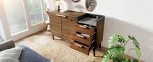 Living Room Sideboard In Oak Decor - Marble Effect Top + 3 Drawers & Double Door Cabinet - 深色橡木 - 查看 9