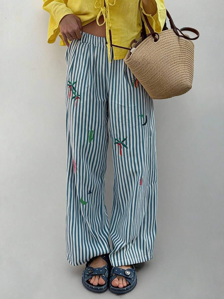 Soulscape DORISS 夏季藍白條紋刺繡高腰寬腿長褲,度假休閒隨興風格,適合日常出遊與居家穿著 - 彩色 - 查看 1