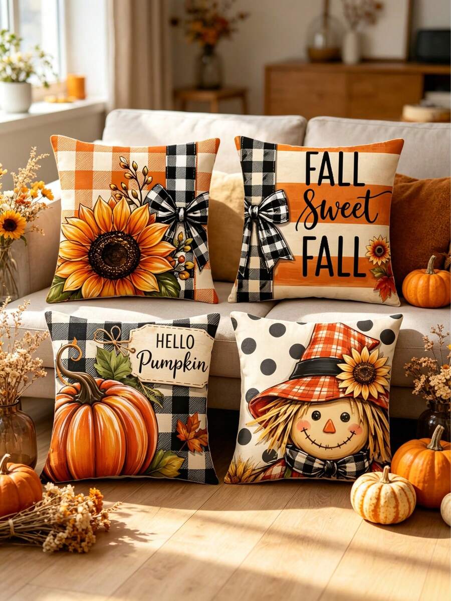 4pcs/1pc Autumn Thanksgiving Decorative Pillowcase Set - Vintage Black & White Plaid, Harvest Scarecrow, Sunflower And Pumpkin Print Design, 18x18 Inches | Zipper Closure | Durable Polyester Material | Suitable For Living Room, Bedroom, Sofa And Bedroom (Filling Not Included) Atmospheric Autumn Home Decor, Suitable For Autumn Harvest, Thanksgiving Party Decoration. - Multicolor - View 1