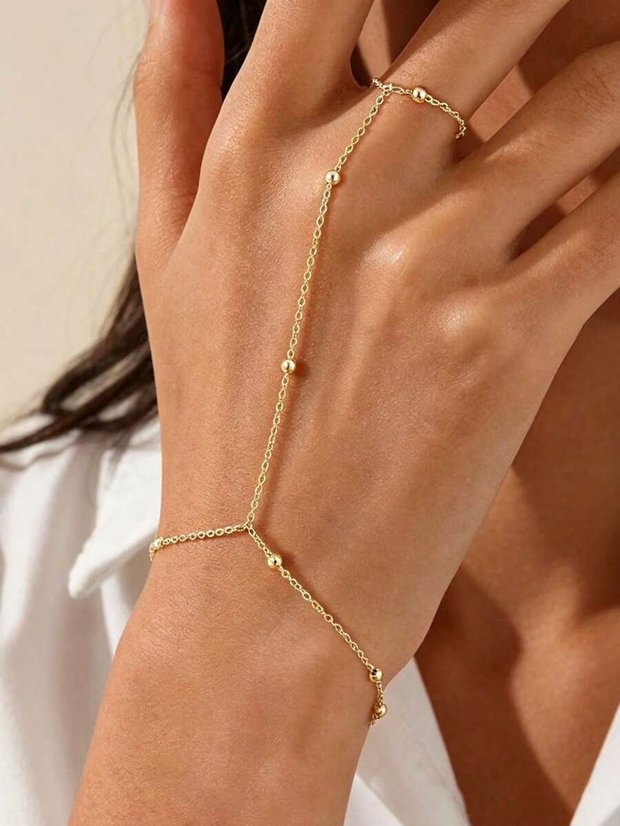 1 pieza Pulsera de cadena con cuentas de cobre versátil, diseño elegante - Dorado - Ver 1