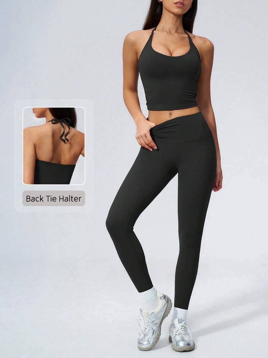 NcmRyu Women's One Set Solid Color Halter Tie U-Neck Backless Cropped Tank Top High Waist Ankle Pants Sports Outfit - Black - View 1